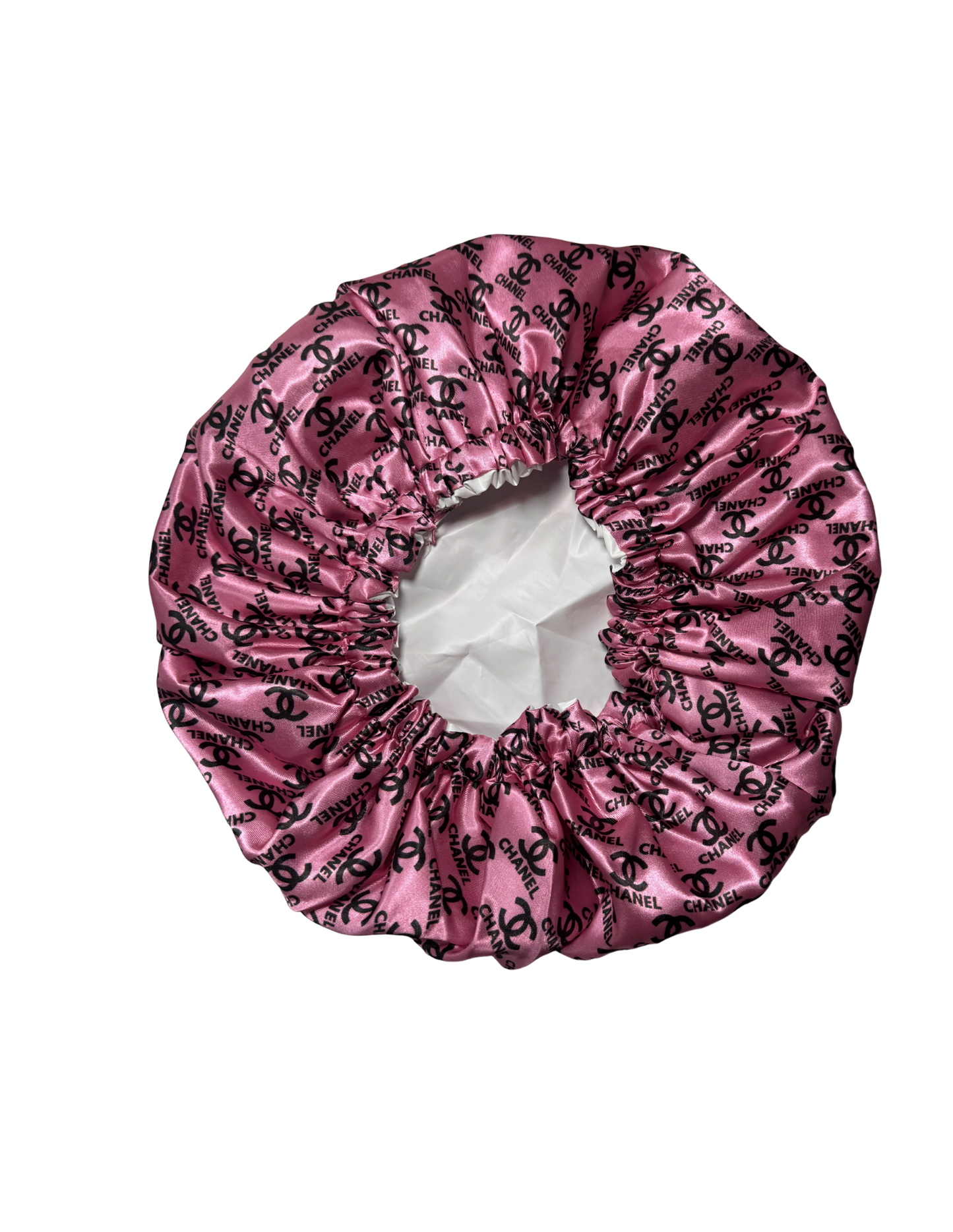pink Chanel shower cap